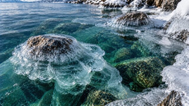 Shore ice forming transparent domes over lake stones, turquoise water, scalloped edges and cold coastal detail. Winter texture background for design. For climate media and seasonal publishing.