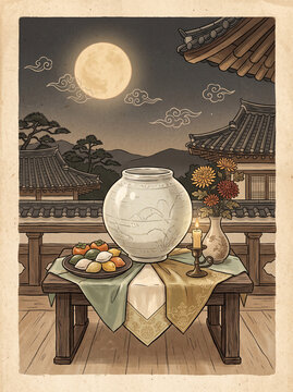 Vector illustration of an Chuseok, Korean Mid-autumn festival full moon design card. Neatly arranged songpyeon rice cakes at table