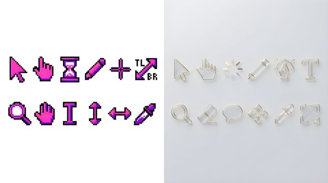Mouse cursor icon collection featuring retro purple pixel art and modern white translucent glassmorphism styles for user interface and web design