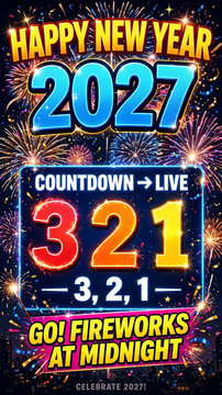 Happy New Year 2027 Fireworks Countdown Timer 3 2 1 Celebration