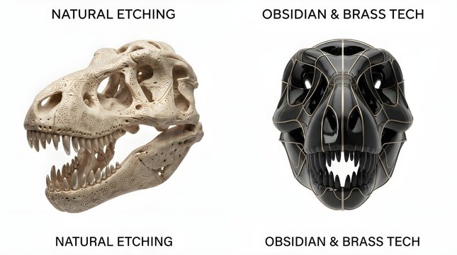 Comparison of a realistic prehistoric dinosaur fossil skull alongside a futuristic dark metallic mechanical bone structure design