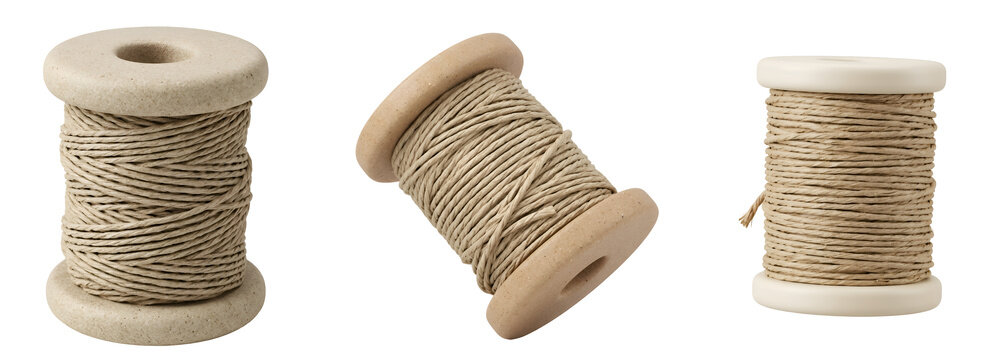 Wooden spools wound with natural jute twine cord featuring rustic textured organic fibers and traditional crafting supplies isolated as a professional collection on transparent background