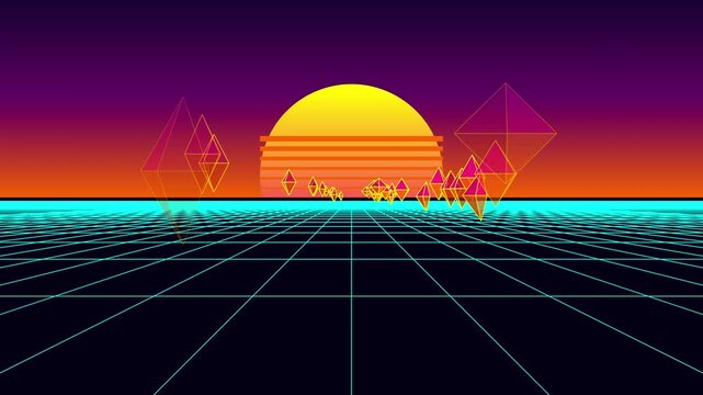 Retro 80s synthwave horizon animation with wireframe grid and sun