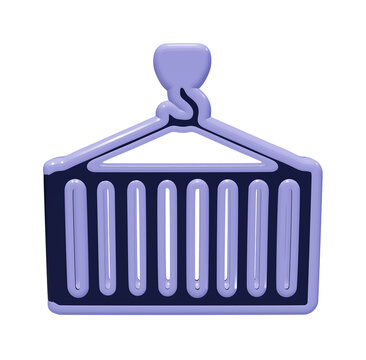 3D isometric cargo shipping container icon with hook for logistics and global trade transport services transparent background