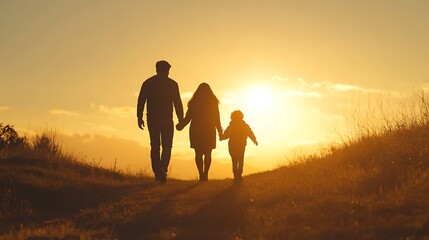 Fototapeta premium Family silhouette walking together on a rural meadow path during golden hour sunset with warm glowing sky background lighting