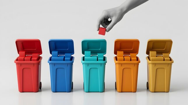 Close up of a hand sorting colorful blocks into miniature recycling bins against a white background, representing waste categorization, environmental sustainability, and ecological responsibility.