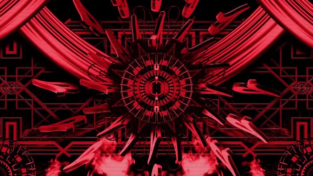 Red art deco stage VJ loop with theater curtains 3D swirls and smoke