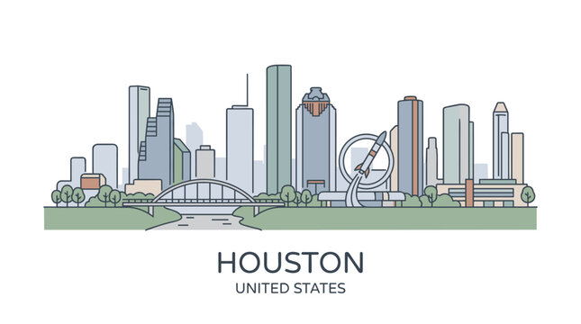 Stylized digital illustration of Houston Texas city skyline with modern skyscrapers and urban landscape features
