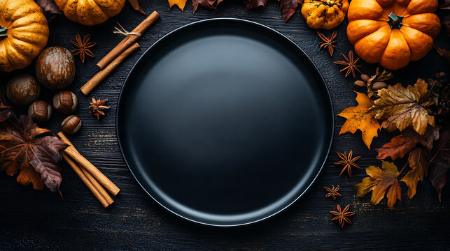Moody dark autumn flat lay with blank black plate copy space for Thanksgiving dinner menu background