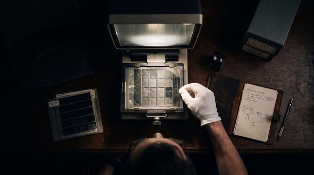 Freelance Genealogist with White Archival Gloves Inspecting Microfiche for Family Tree Banner