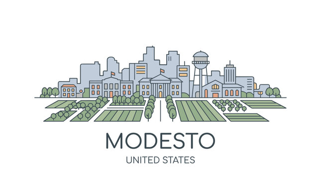 Stylized illustration of Modesto California cityscape with urban buildings and green areas in a modern digital drawing