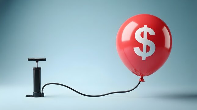 Concept of economic inflation and financial market bubble represented by a manual hand air pump inflating a large red balloon with a white dollar sign symbol over a blue background.