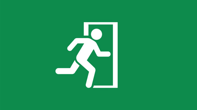 Emergency exit sign featuring white running human pictogram isolated on a vibrant green textured background vector