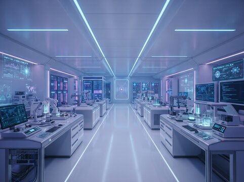 Clean automated scientific research laboratory with robotic arms and advanced data screens for pharmaceutical innovation
