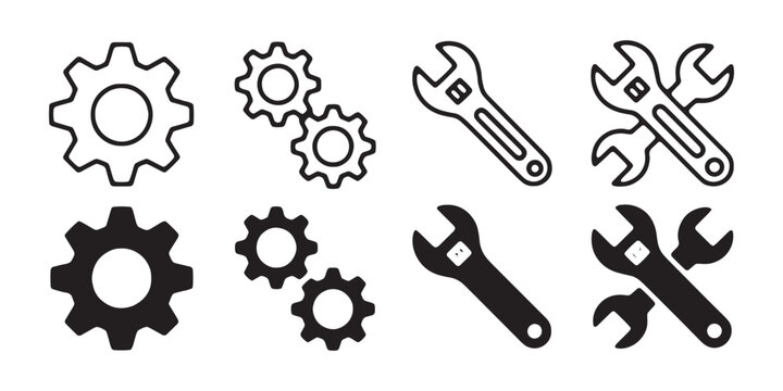 Mechanical gear and adjustable spanner line icon set black color isolated on transparent backdrop.