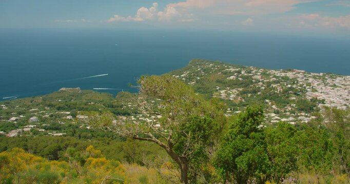 Wide view of Capri Island showing hillside homes and blue sea under a clear summer sky