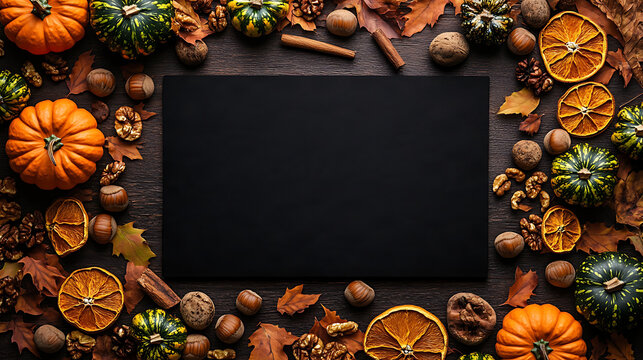 Wide e-commerce hero banner flat lay with blank dark board and autumn elements for seasonal store promotion