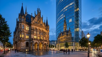 Obraz premium Historic gothic revival building next to modern glass skyscraper at dusk