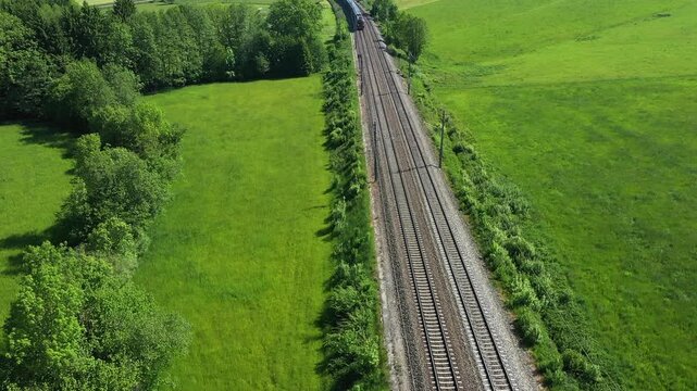 Aerial view of a passenger train, western railway line near Stra&szlig;walchen, Salzburg, Austria