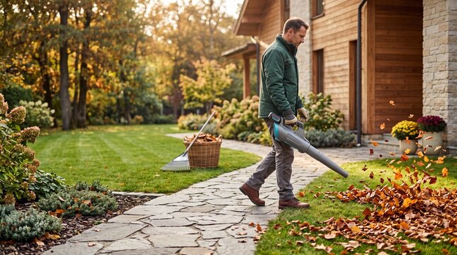 Gardener using a cordless leaf blower to clear fallen autumn leaves from a stone pathway in a residential garden during a sunny fall afternoon.