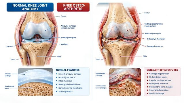 Professional realistic 3D medical illustration comparing normal knee joint anatomy with osteoarthritis, showing cartilage degeneration, narrowed joint space, osteophytes, subchondral bone changes, and