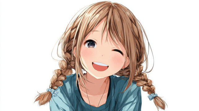 Young woman with light brown hair styled in double braids winks playfully while wearing a casual blue shirt in this cheerful digital character portrait.