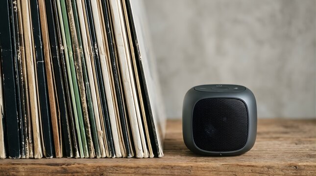 Modern wireless speaker sitting beside a stack of vintage vinyl record sleeves on wooden table