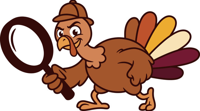 Clever cartoon turkey detective holding a magnifying glass while searching for clues in investigative business style