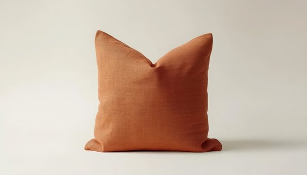 Burnt orange square throw pillow made of textured fabric isolated on a clean neutral background studio