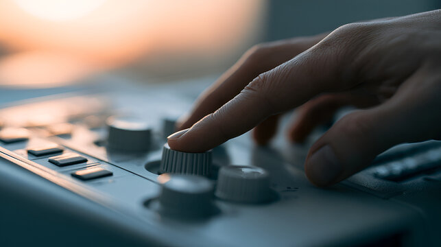 Close-Up Of A Hand Adjusting Dials On A PCR Thermal Cycler Machine, Soft Golden Hour Light, Shot On 85mm Lens, Shallow Depth Of Field, Cool Muted Blue-Gray Palette, Photorealistic