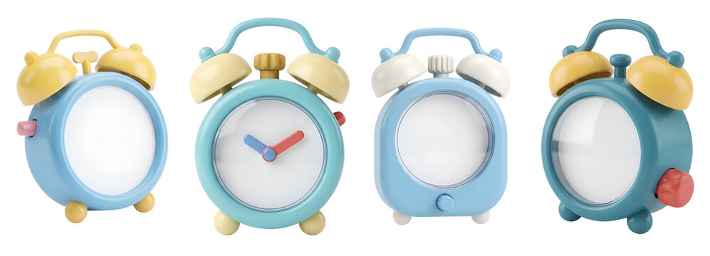 Colorful vintage alarm clocks featuring pastel tones and plastic textures arranged in a row to help with time management concepts displayed isolated on transparent background.
