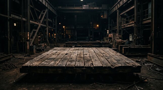 Rustic wooden platform inside an old industrial warehouse with steel beams and moody atmospheric lighting