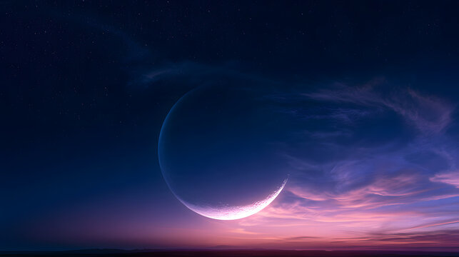 A breathtaking lunar display materializes as a radiant crescent moon climbs above a formidable sky, punctuated by feathery clouds and twinkling stars, suggesting the imminent night.