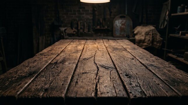 Rustic old wooden workbench in a dark vintage workshop under dim spotlight