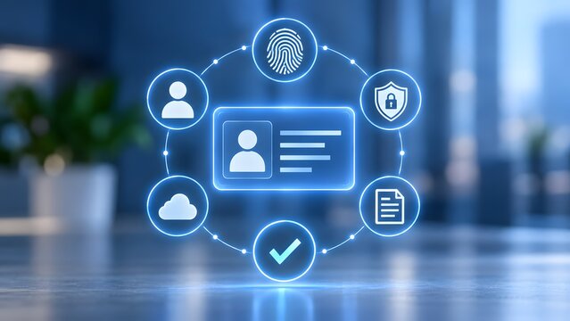 Glowing digital identity card surrounded by a circular security network of biometric and cloud authentication icons