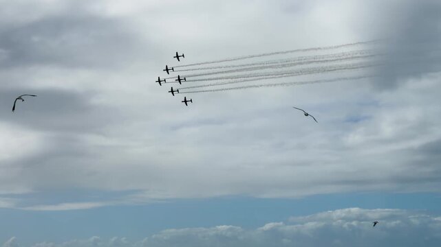 Aerobatic Propeller Planes Flying in Formation with Smoke Trails