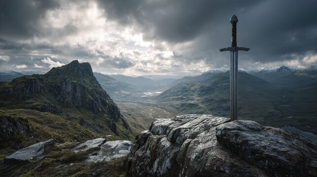 longsword. Medieval longsword plunged into a rocky mountain summit. event programs, museum guides, cultural reports, designed for cultural heritage projects and event programs, used by chefs.
