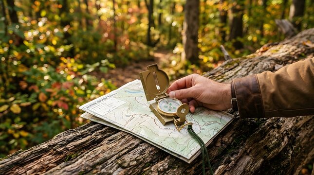 Close-up of a person's hand holding a brass compass over a topographical map of alpine trails resting on a weathered tree log in a vibrant autumn forest with fall foliage.