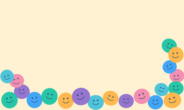 Colorful smiley face border on beige background, happy emoji circle frame, playful multi-colored smile icons for positive social media content