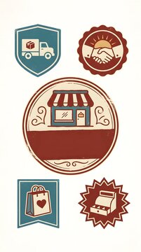 Vintage Small Business Saturday Badge Set with Storefront Delivery Truck Handshake Shopping Bag and Cash Register Icons for Local Commerce Promotion