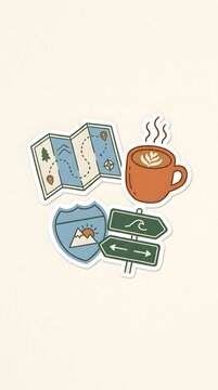 Collection of Outdoor Adventure Travel Stickers Featuring Map Coffee Mug and Directional Signpost on Cream Background