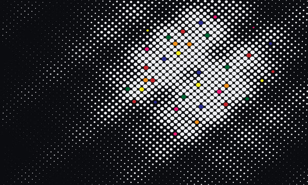 Halftone pattern background with white and colorful dots, abstract pop art texture on black, retro comic book style halftone gradient