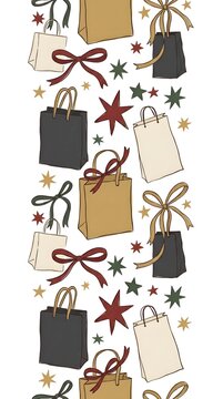 Vertical seamless pattern with hand drawn shopping bags bows and stars for holiday gift shopping and winter sale promotion