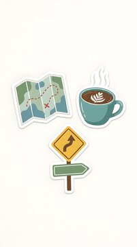Set of travel adventure stickers featuring a map with route coffee cup and road sign icons on white background