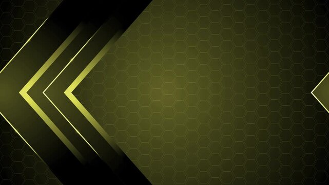 Dark geometric background with hexagonal pattern and layered glowing chevron arrows pointing left animation