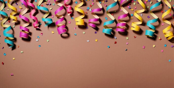 Colorful party streamers, confetti fall on mocha brown background. Multicolored paper ribbons create festive border with empty copy space. Celebration concept for birthday, anniversary, carnival