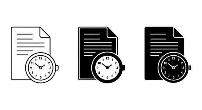 Document Time Icons, Paper Clock Symbols, Report Deadline Vector Graphics