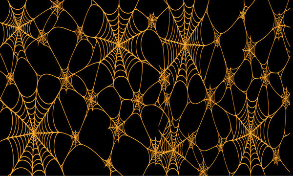 Halloween spider web pattern on black background, orange cobweb texture, spooky decorative holiday backdrop for party invitations and posters