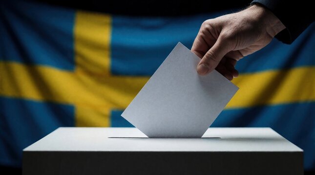 Hand puts paper ballot into white voting box. Person casts vote during Swedish election. National flag of Sweden in background with dark mood. Close up of democratic process, political choice,