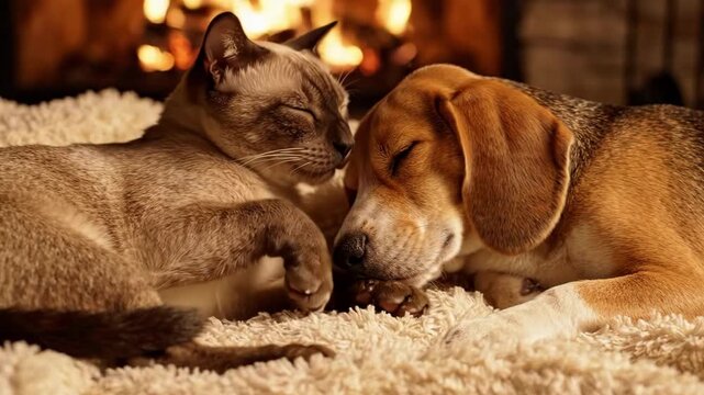 Cozy Cat and Dog Sleeping Together by a Warm Fireplace on a Soft Blanket